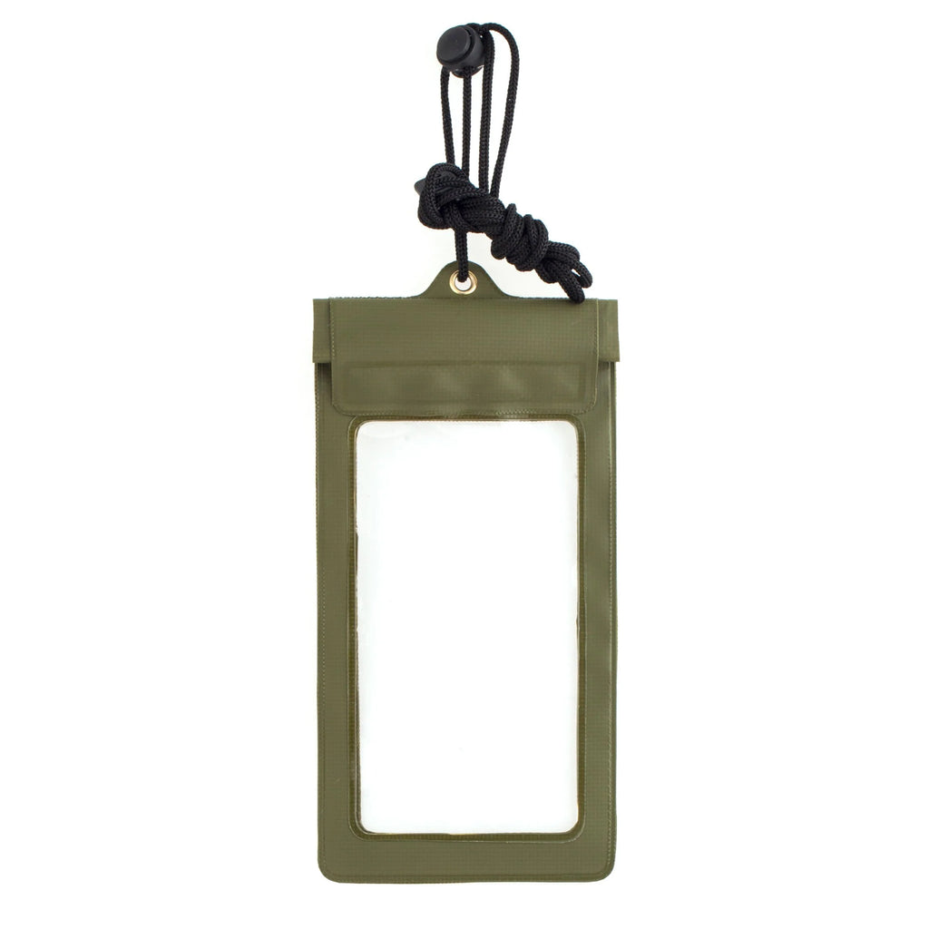 Olive green waterproof phone case with clear plastic window and black lanyard.