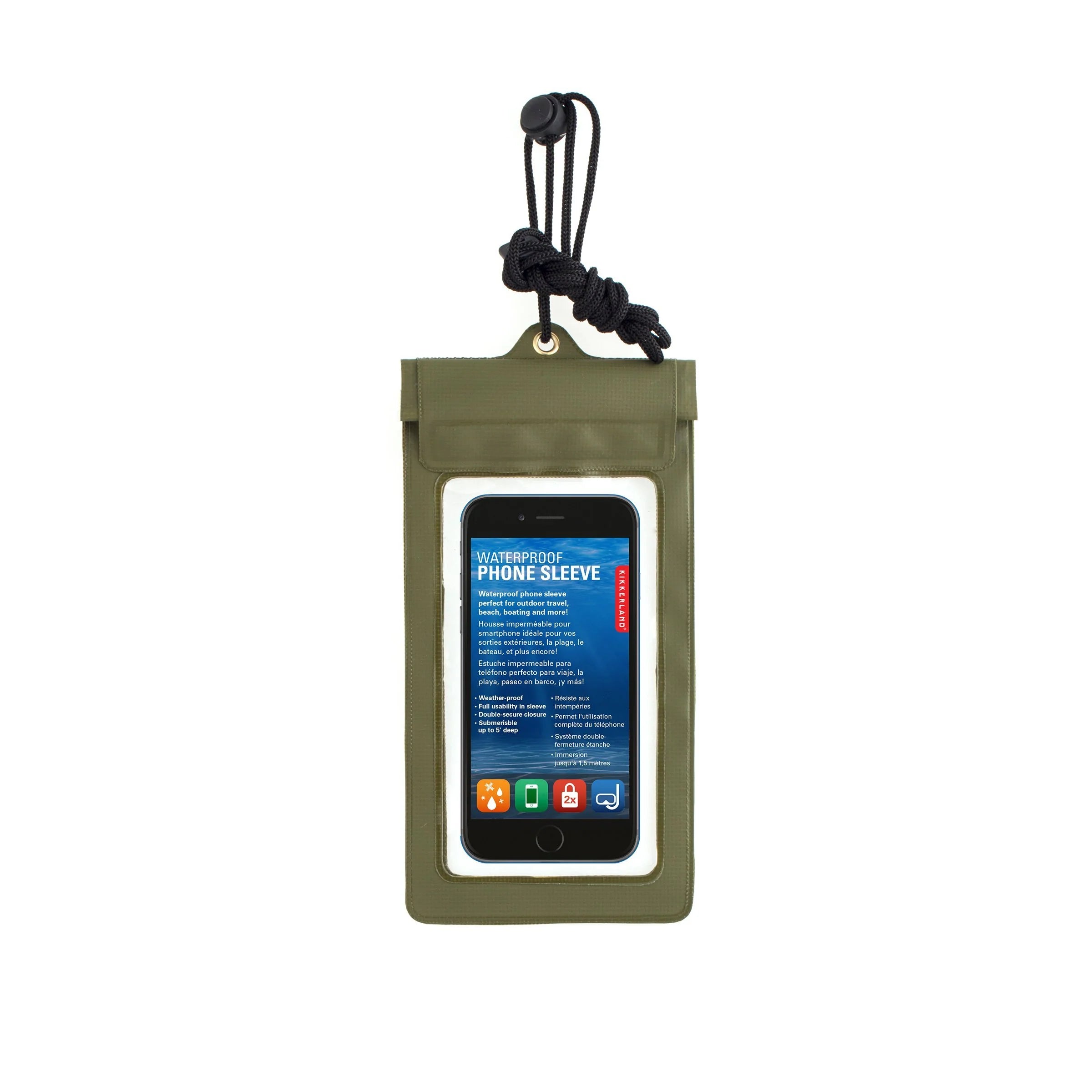 Olive green waterproof phone sleeve with clear front, showing a phone screen and lanyard.  Submersible up to 5 feet.