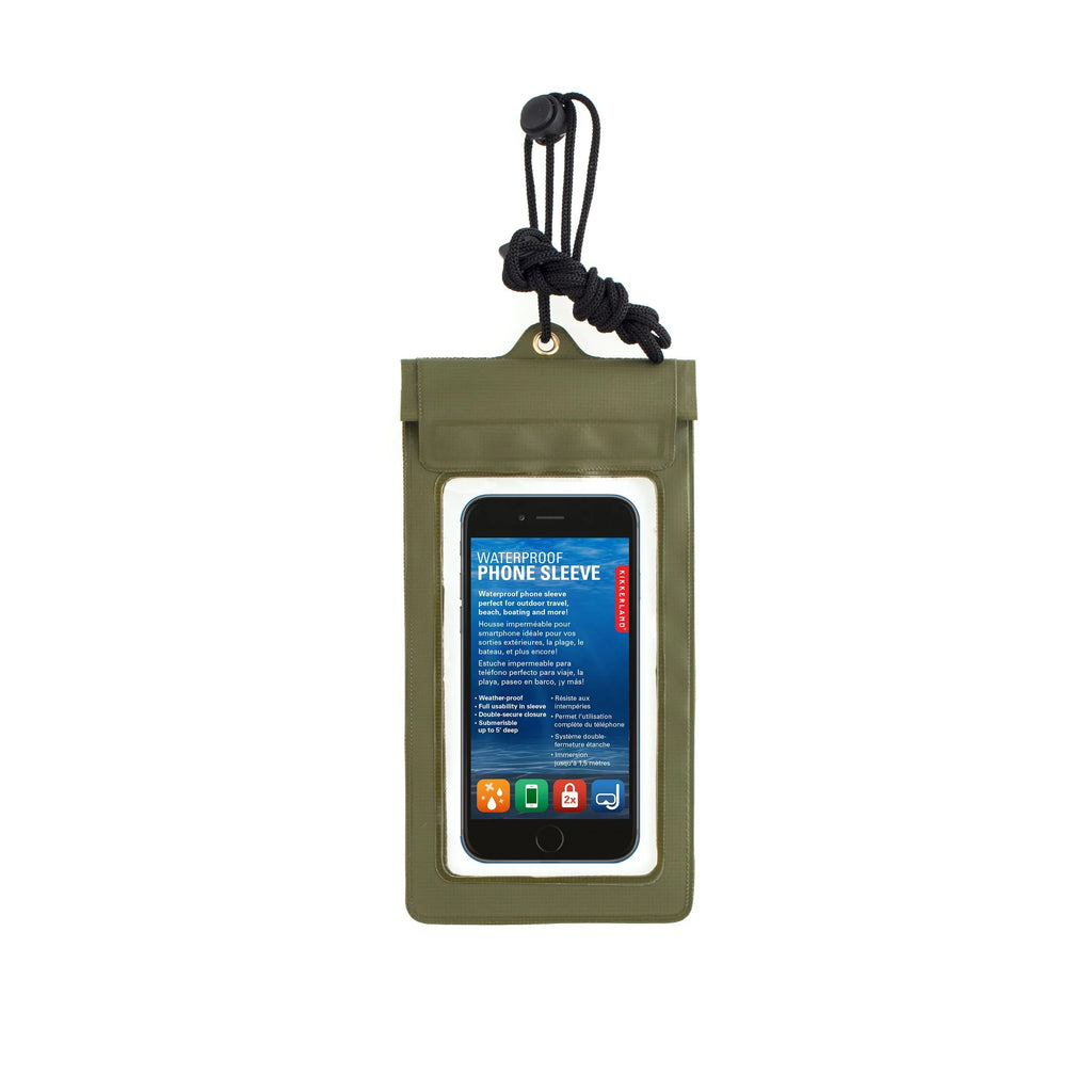 Olive green waterproof phone sleeve with clear front, showing a phone screen and lanyard.  Submersible up to 5 feet.