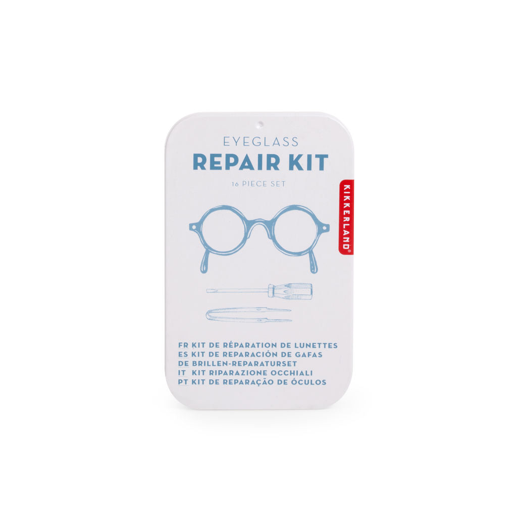 Eyeglass repair kit, 16-piece set.  Includes screwdriver, tweezers, and other tools depicted.  KIKKERLAND brand.