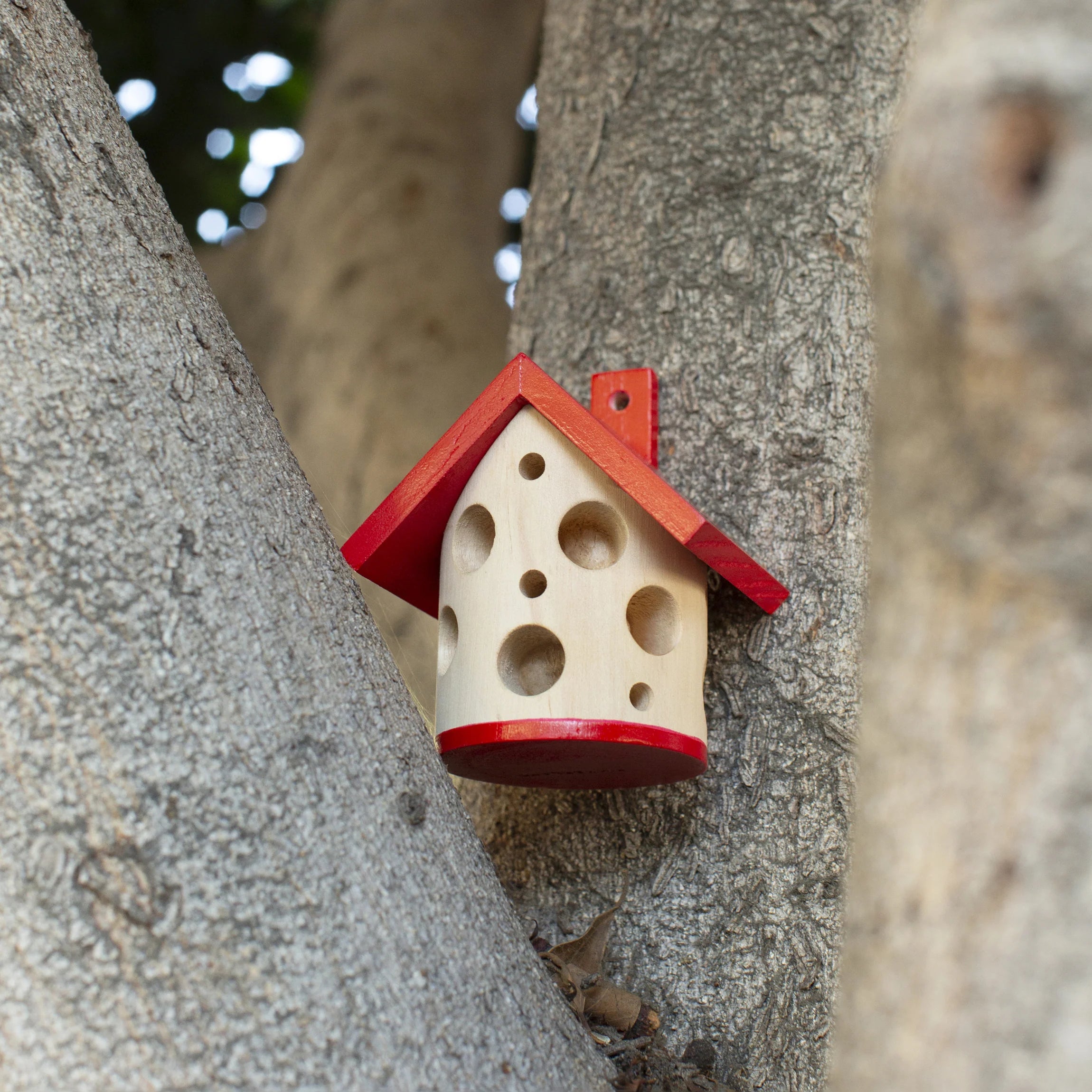 Small wooden insect house with red roof, attached to tree trunk.