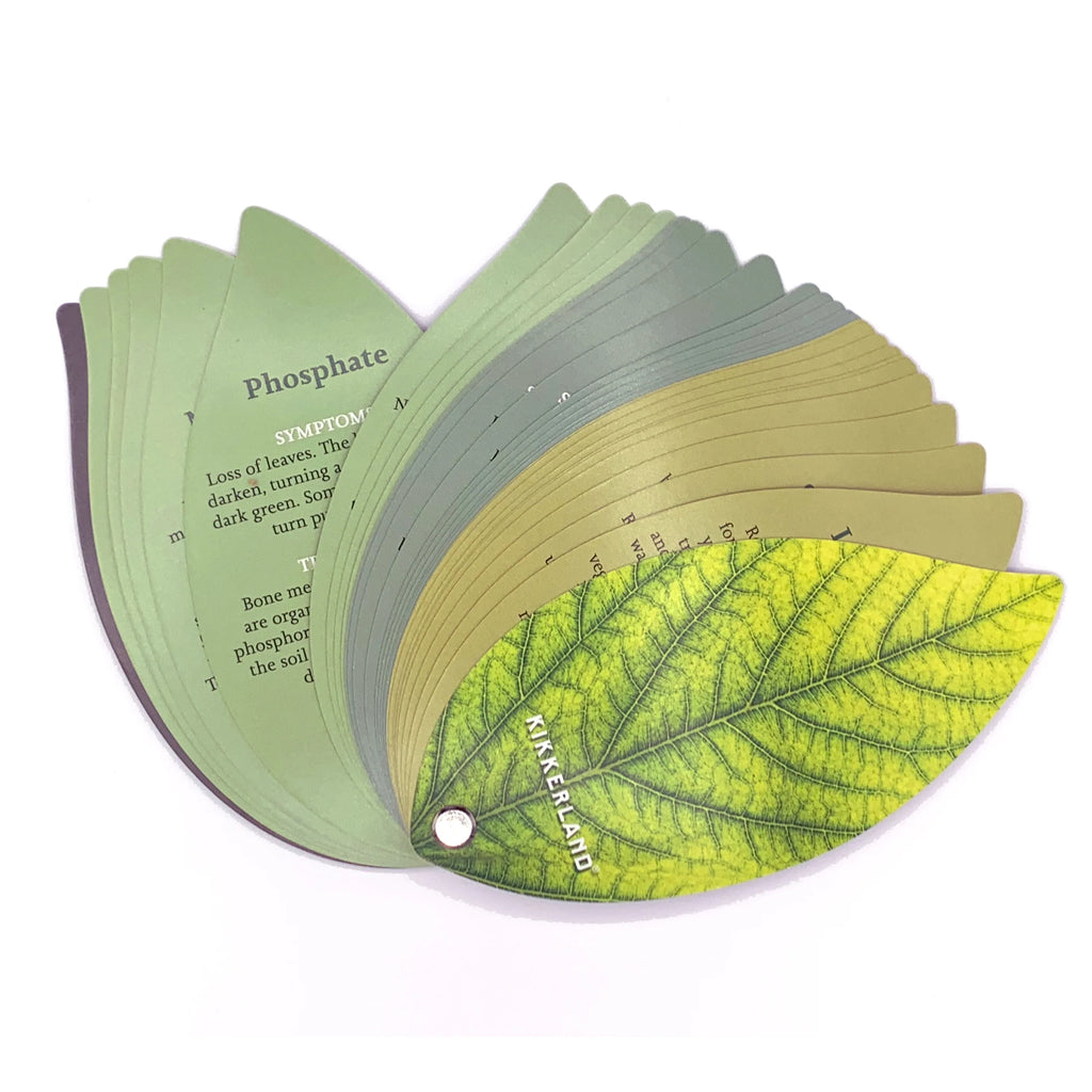 Leaf-shaped plant diagnostic guide with color-coded sections and text describing phosphate deficiency symptoms.