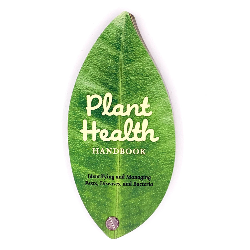 Plant Health Handbook: Identifying and Managing Pests, Diseases, and Bacteria.  Leaf-shaped book.