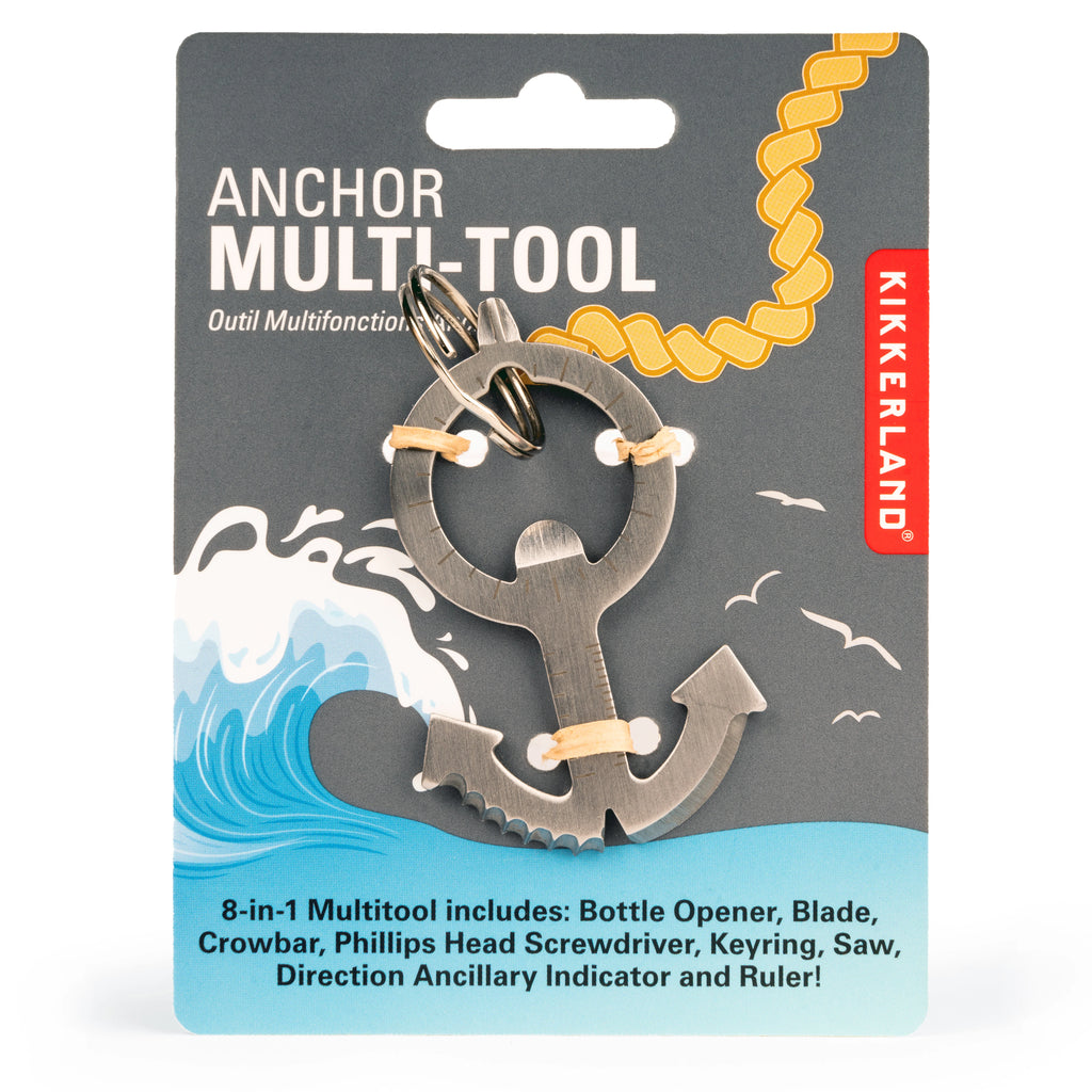 Anchor-shaped 8-in-1 multi-tool keyring with bottle opener, blade, crowbar, Phillips head screwdriver, saw, and ruler.