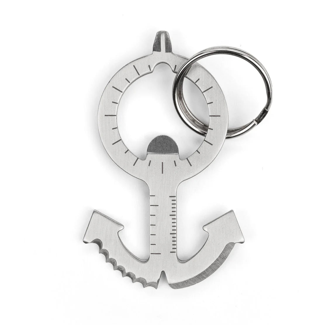 Silver anchor-shaped keychain tool with bottle opener and serrated edge.