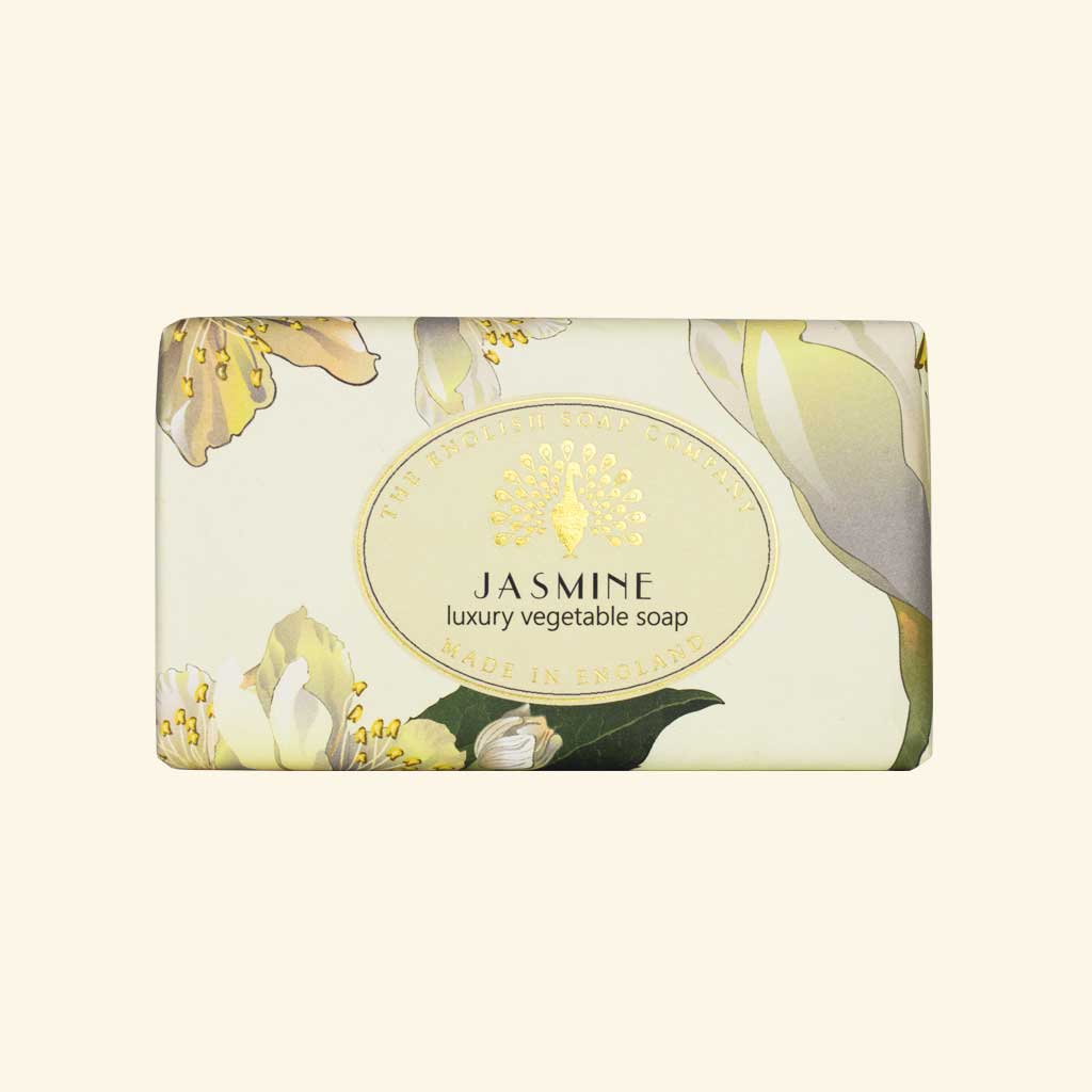 Jasmine luxury vegetable soap bar by The English Soap Company.  Pale green wrapper with gold floral design and peacock logo.