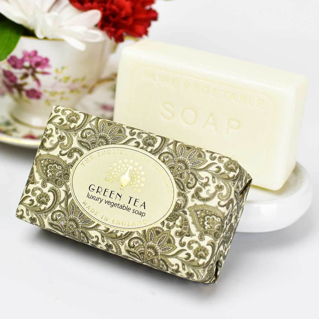 Green Tea luxury vegetable soap bar in ornate gold and green paisley packaging.  Made in England.