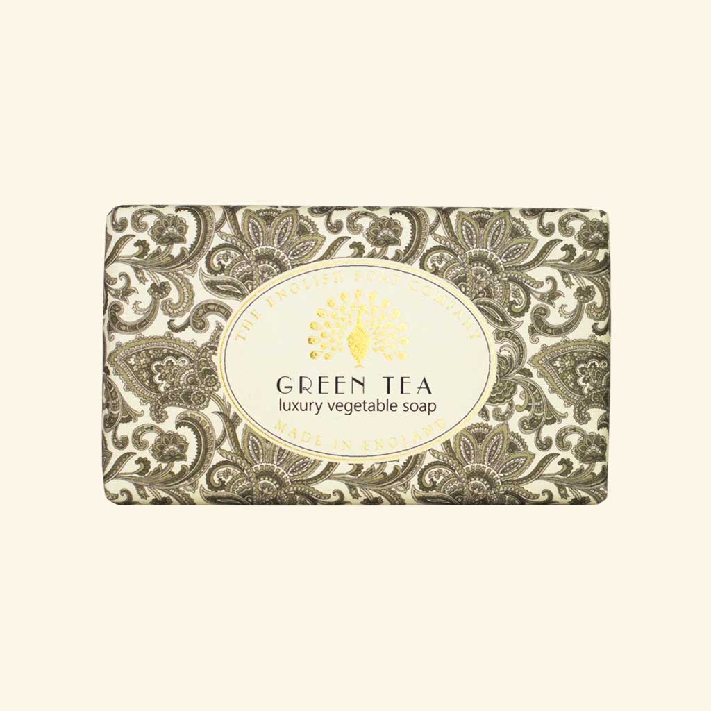 Green Tea luxury vegetable soap bar, packaged in an ornate paisley design.  Made in England.