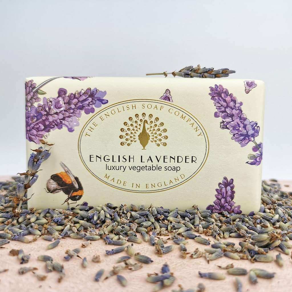 English Lavender luxury vegetable soap bar by The English Soap Company, featuring a lavender and peacock design.