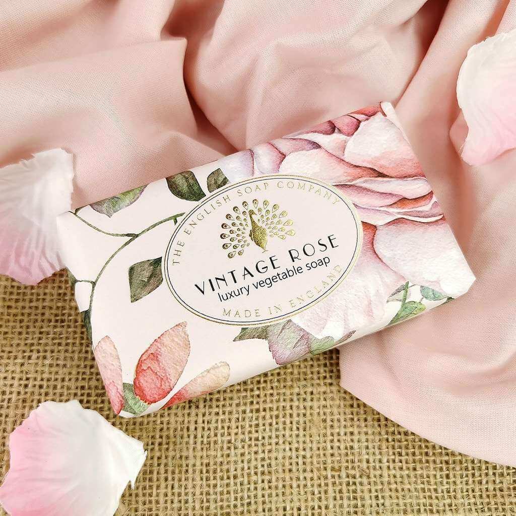 Vintage Rose luxury vegetable soap bar from The English Soap Company, featuring a rose floral design on its packaging.