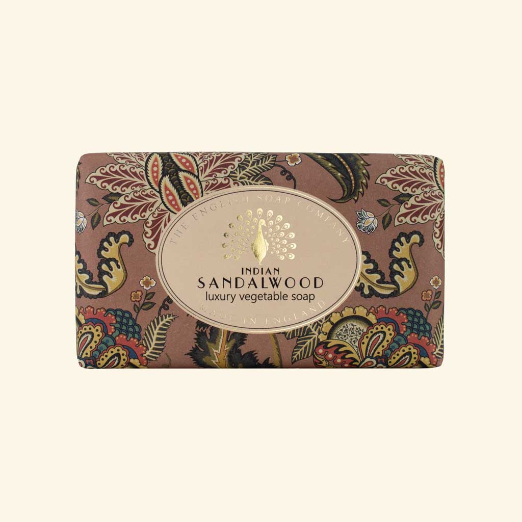 Indian Sandalwood luxury vegetable soap bar from The English Soap Company, featuring a paisley-patterned wrapper in shades