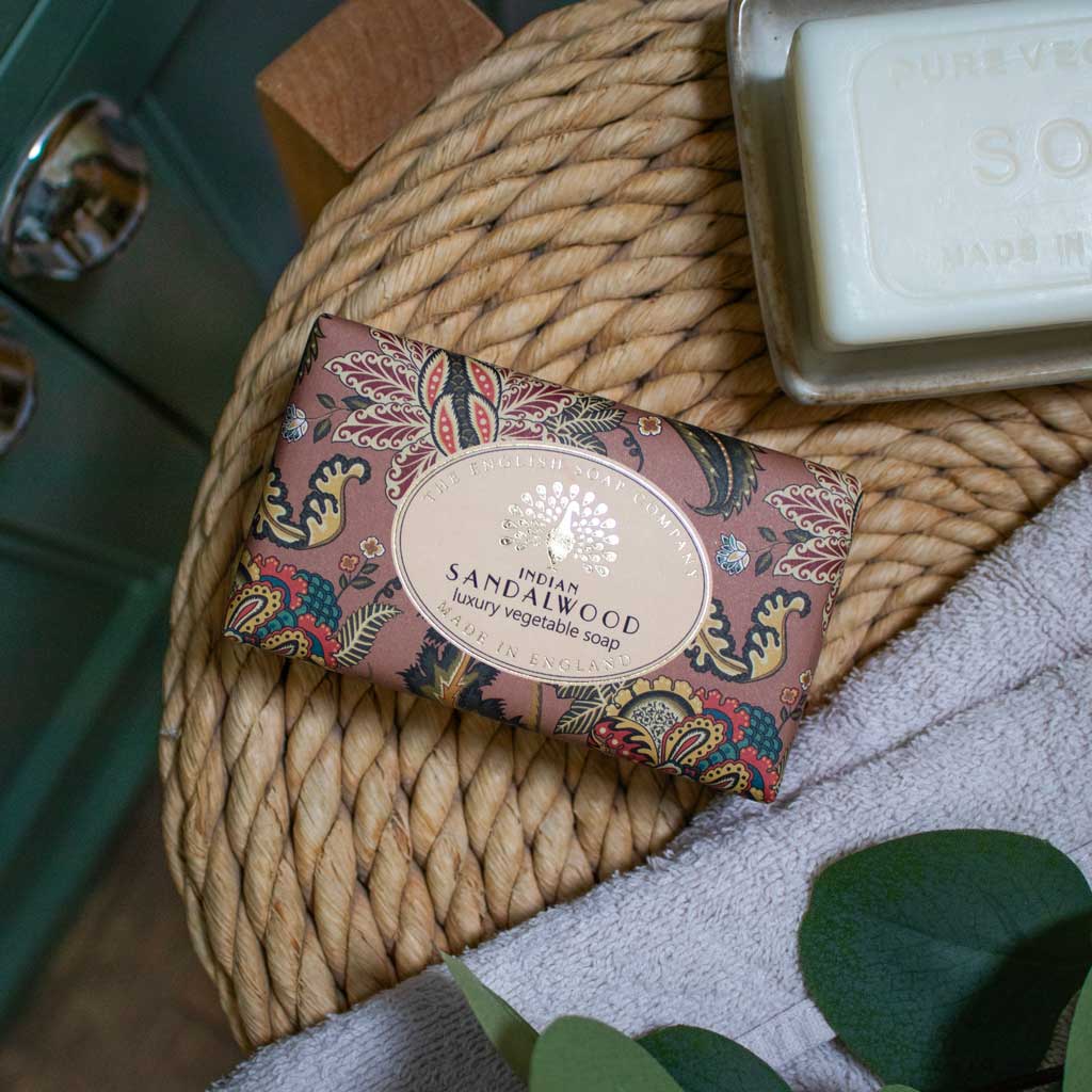 Indian Sandalwood luxury vegetable soap by The English Soap Company, in ornate packaging.