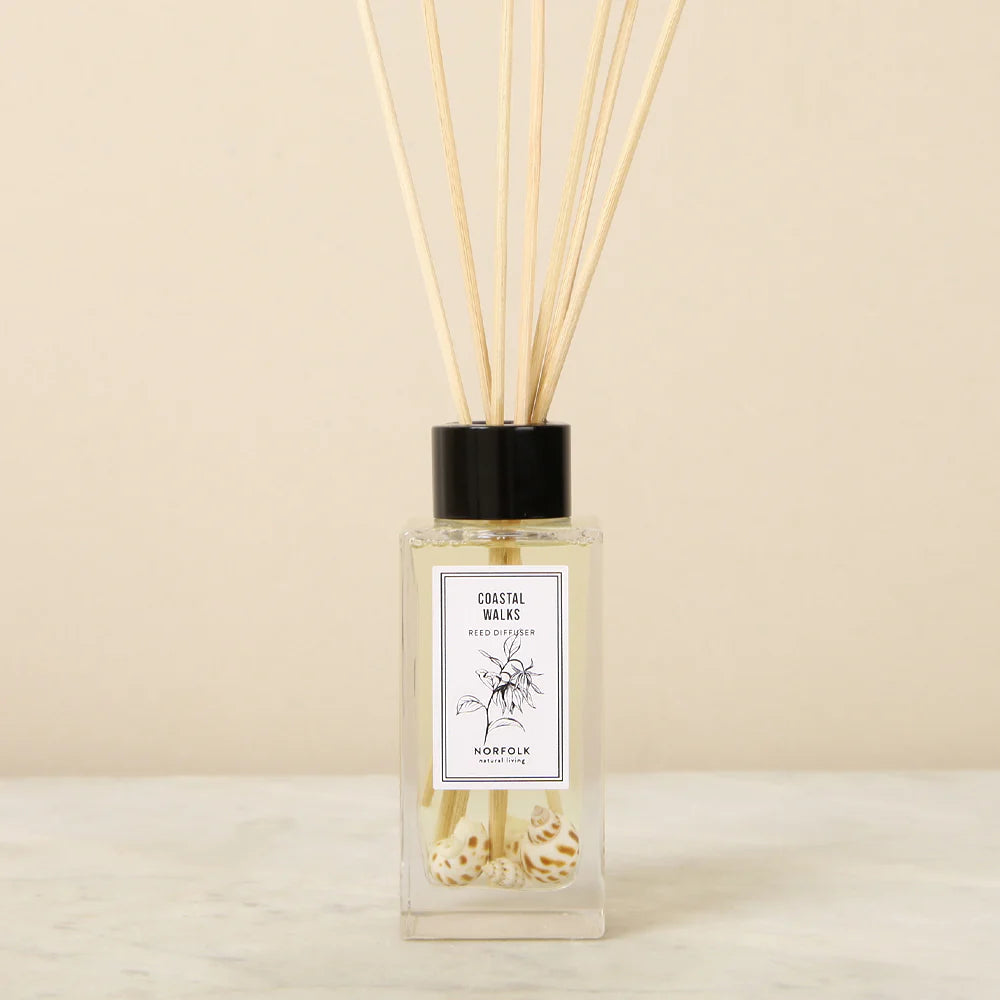 Reed diffuser in a clear glass bottle with a black cap.