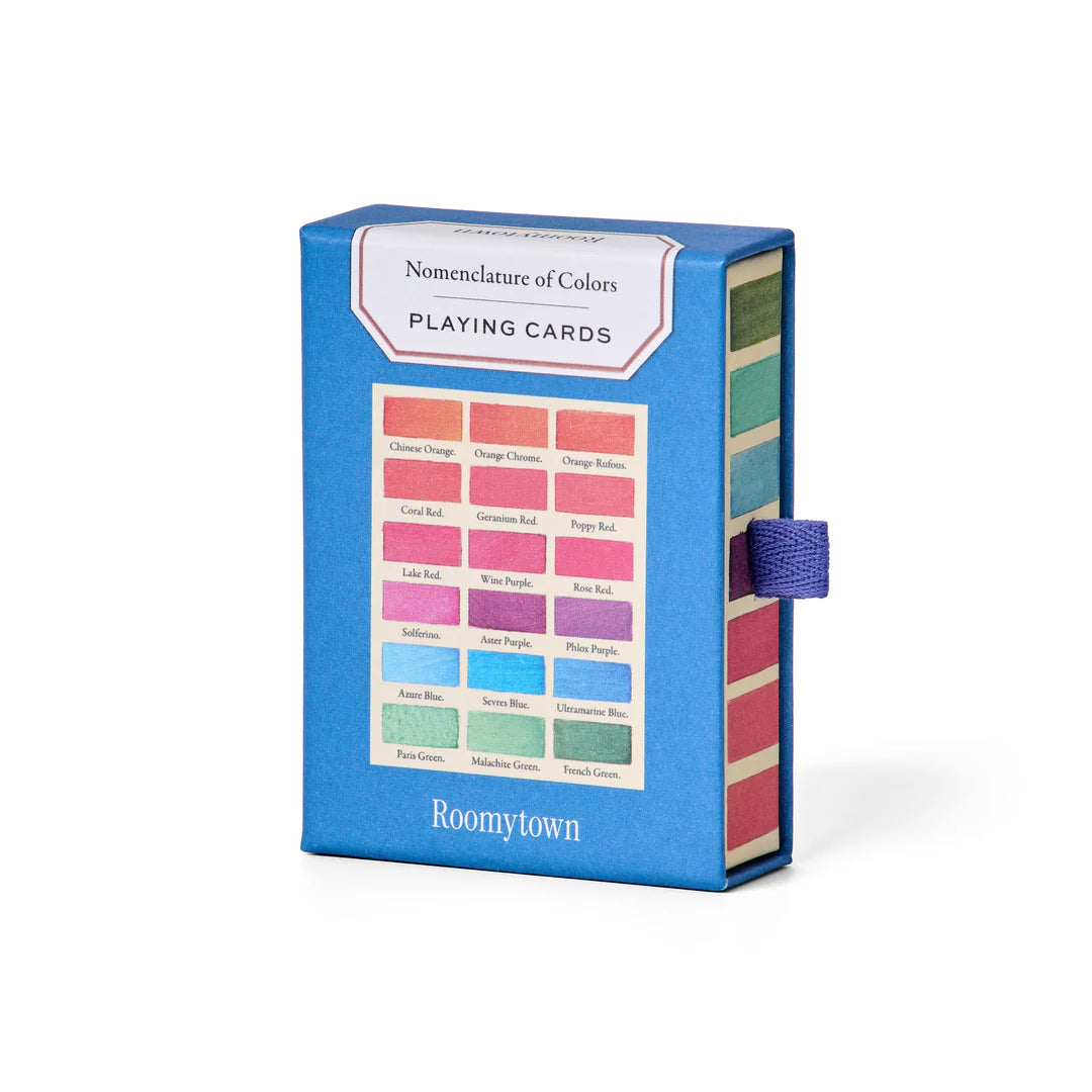 Playing cards with color swatches in a blue box, featuring the brand 'Roomytown'.