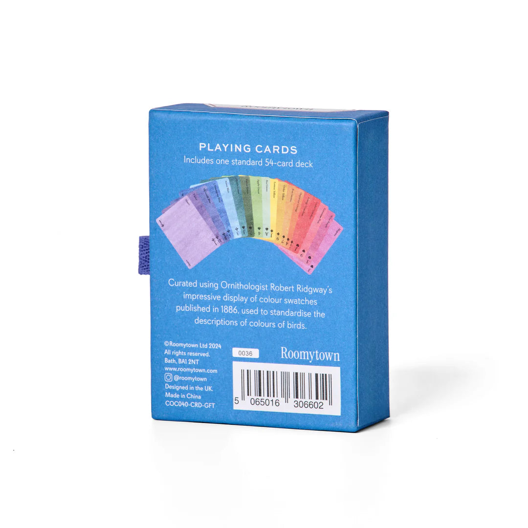Playing cards with color swatches in a blue box on a white background