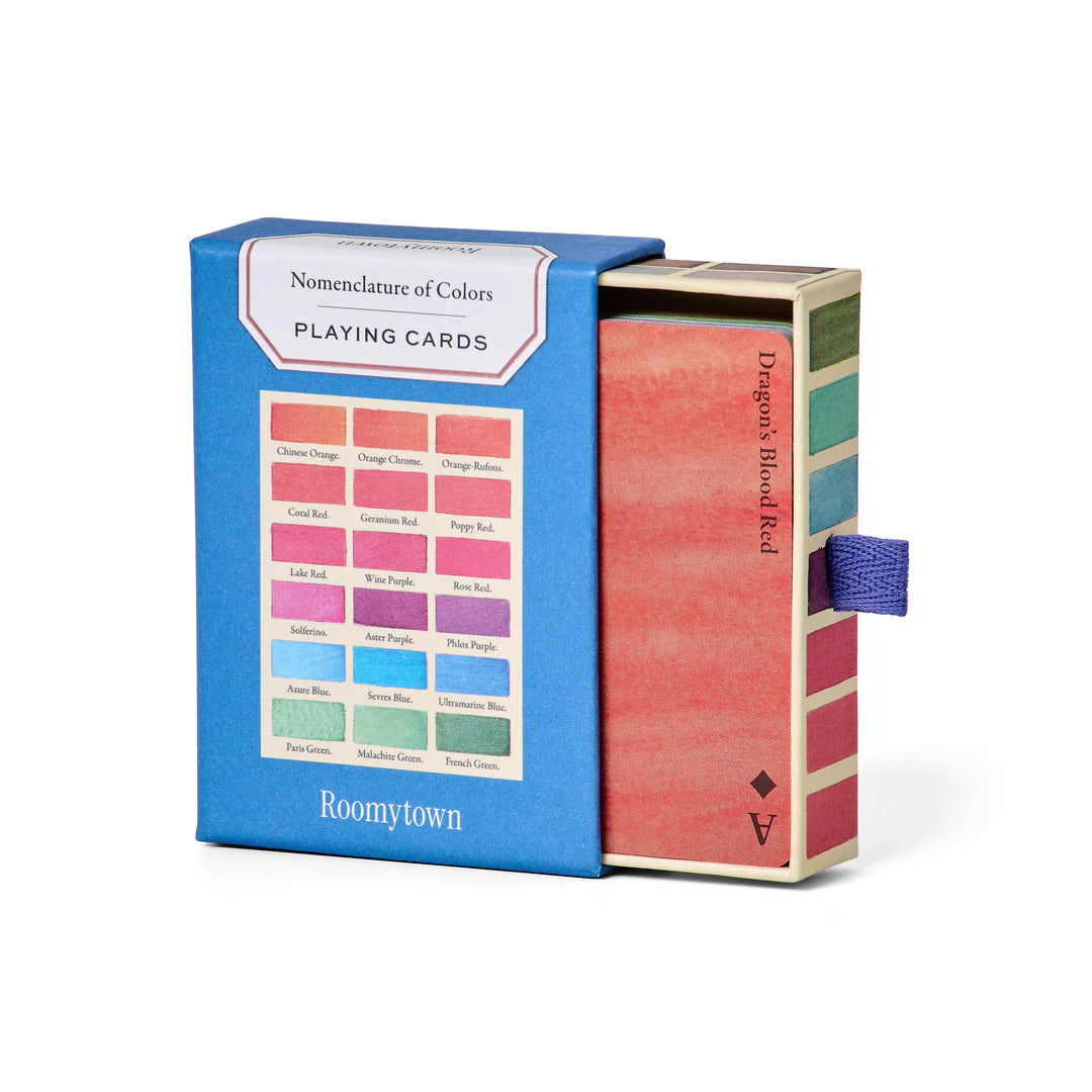 Playing cards with color swatches in a blue box labeled 'Roomytown'.