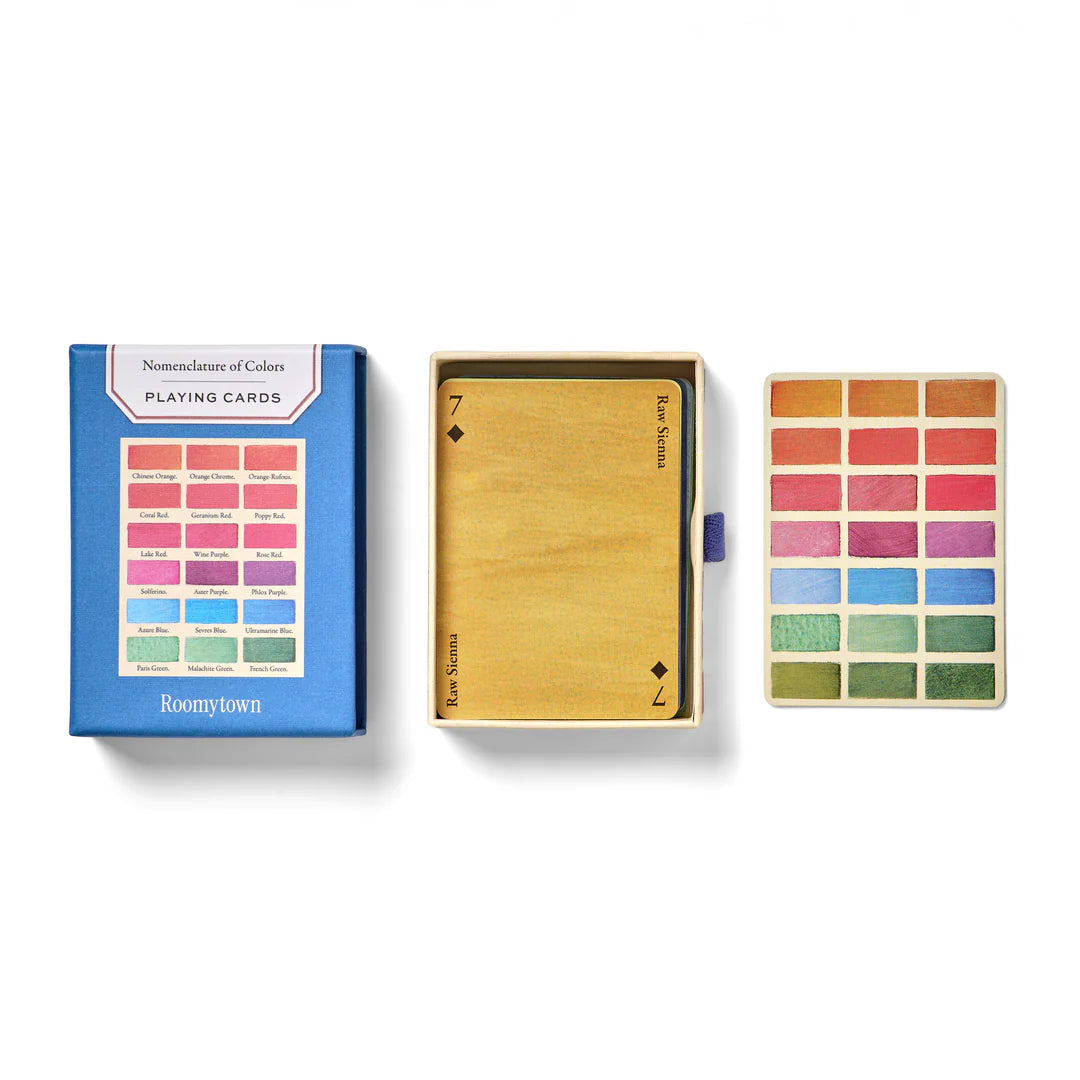 Wooden playing cards with color swatches and 'Roomytown' branding on a white background