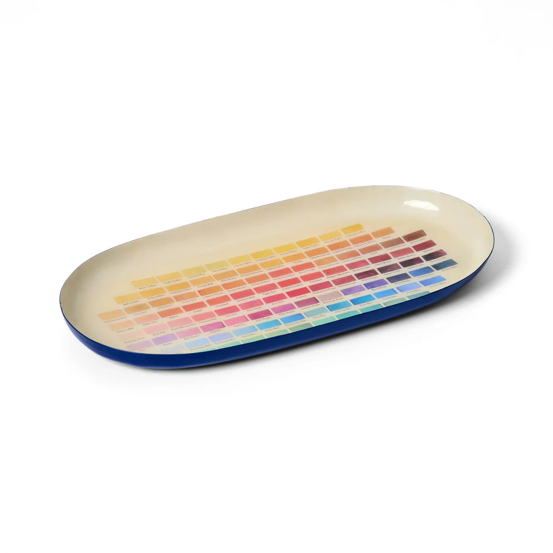 Oval-shaped tray with a colorful pattern on a white background