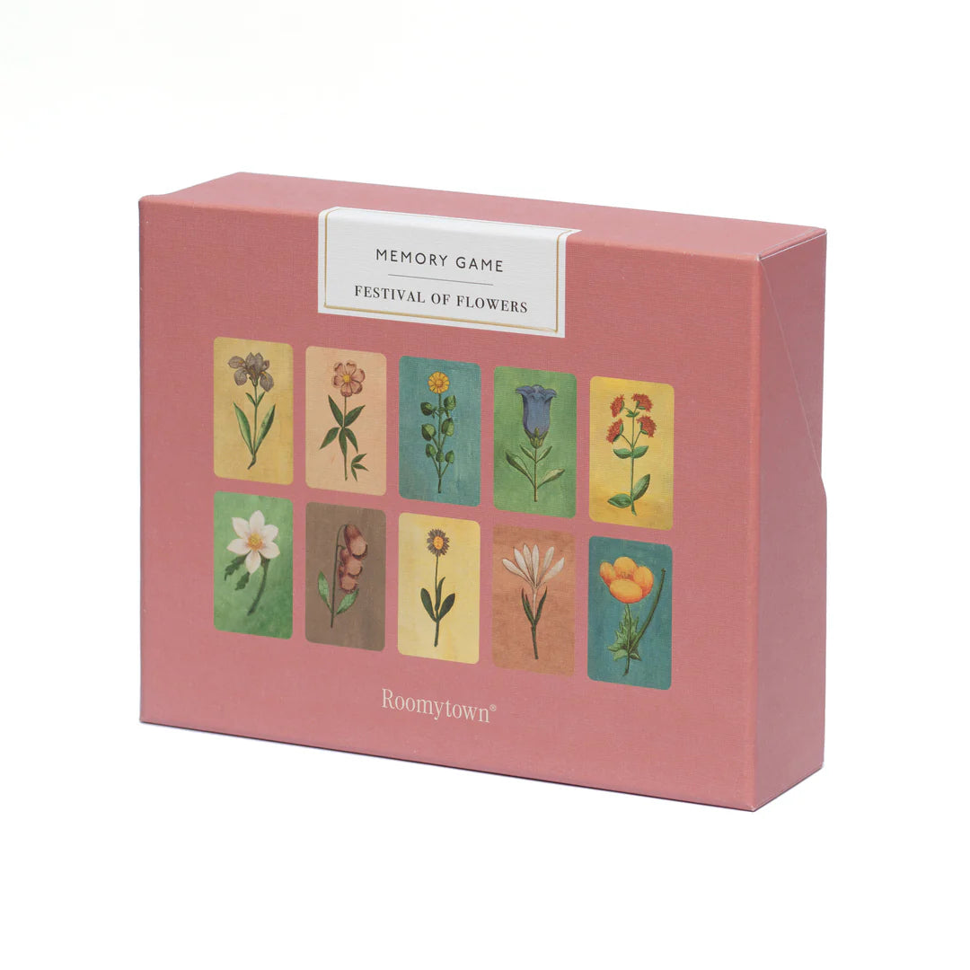 Memory game box with floral design on a white background