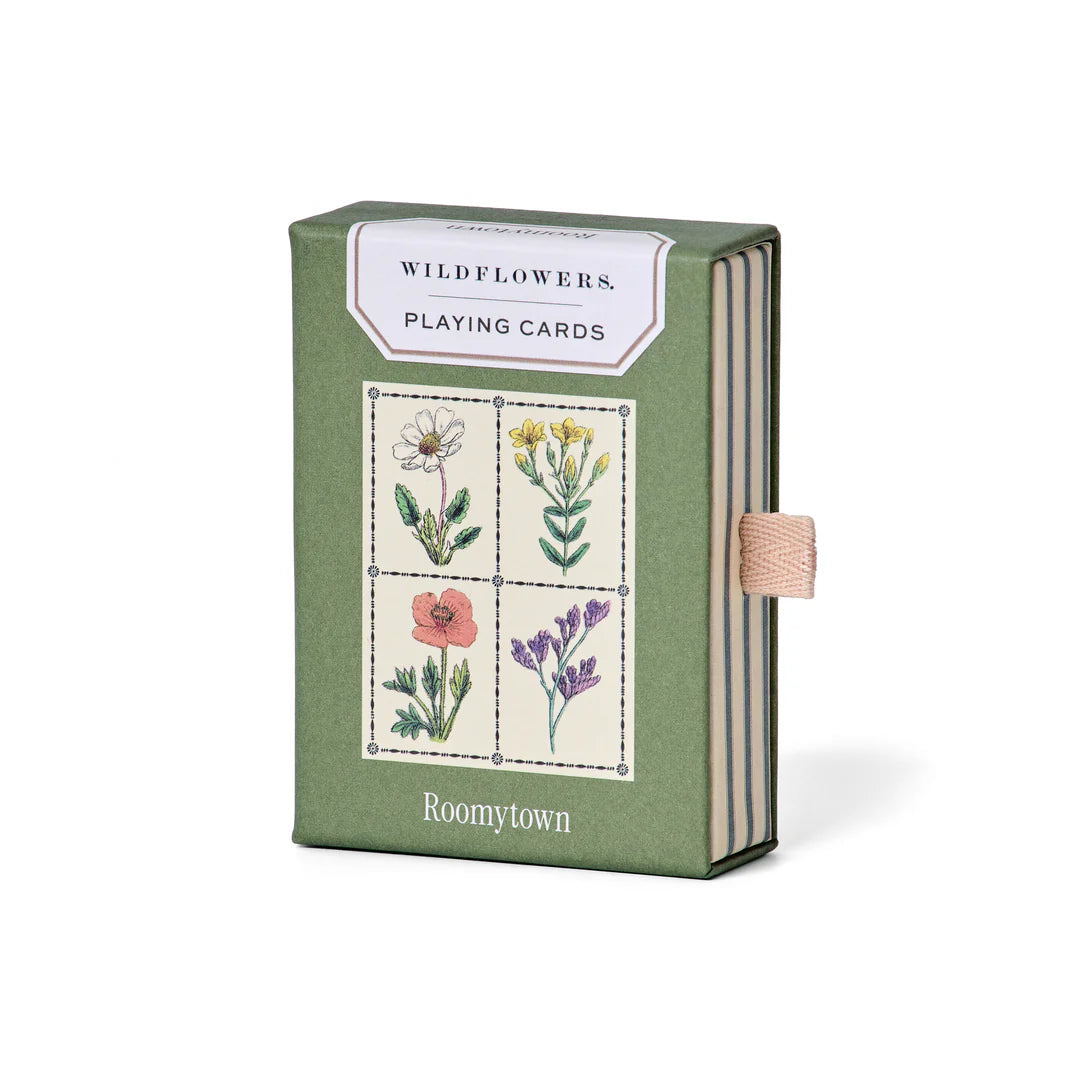 Playing card set with floral designs on a green box, featuring the brand 'Roomytown'.