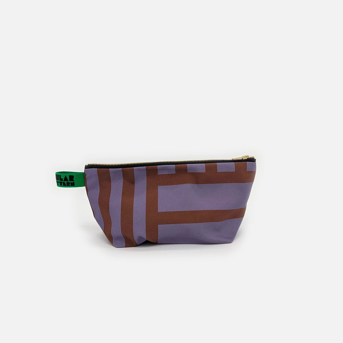 A small zippered pouch with a purple and brown geometric stripe pattern, featuring a green fabric pull tab with the text 'LAB TONY'.