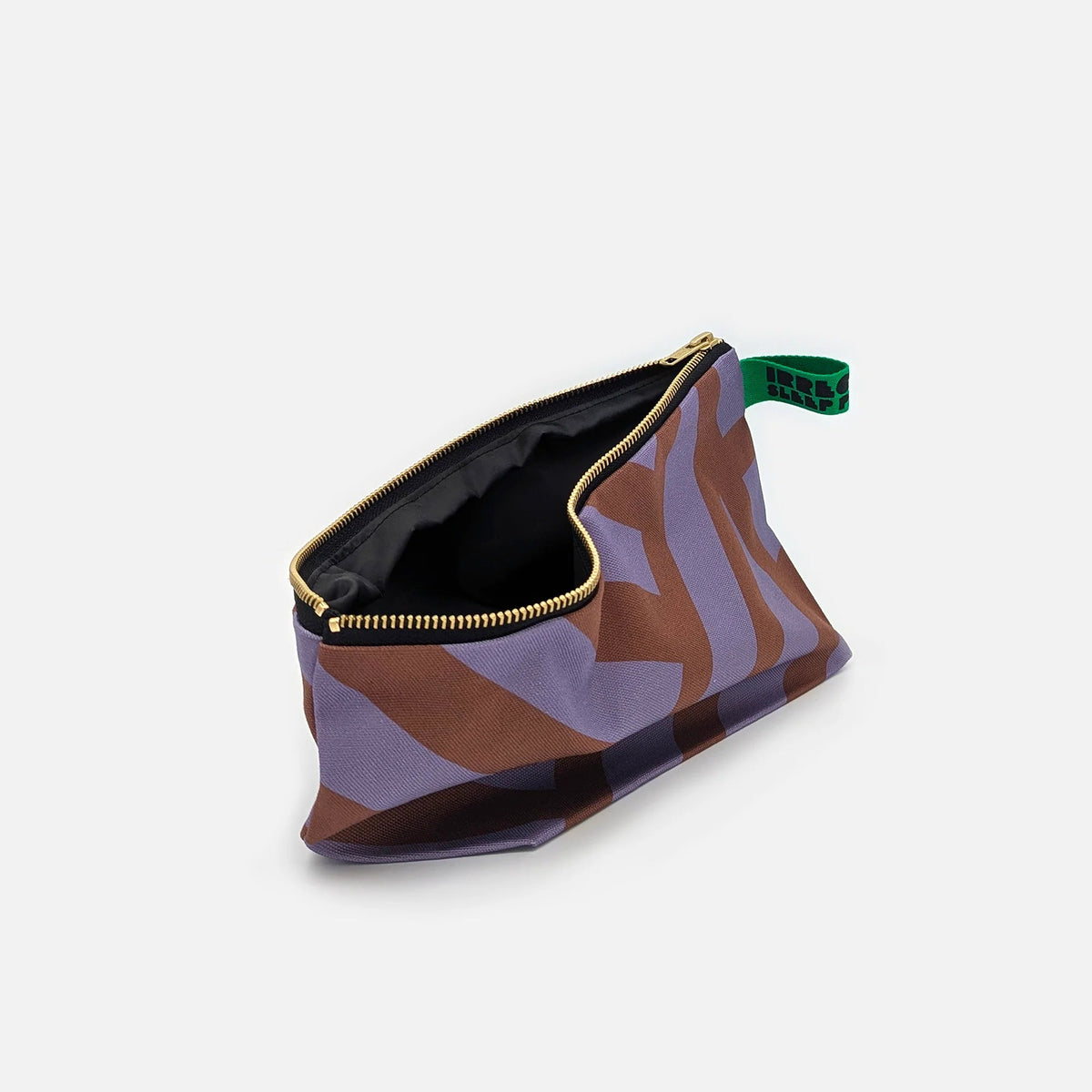 Patterned pouch with gold zipper on a white background