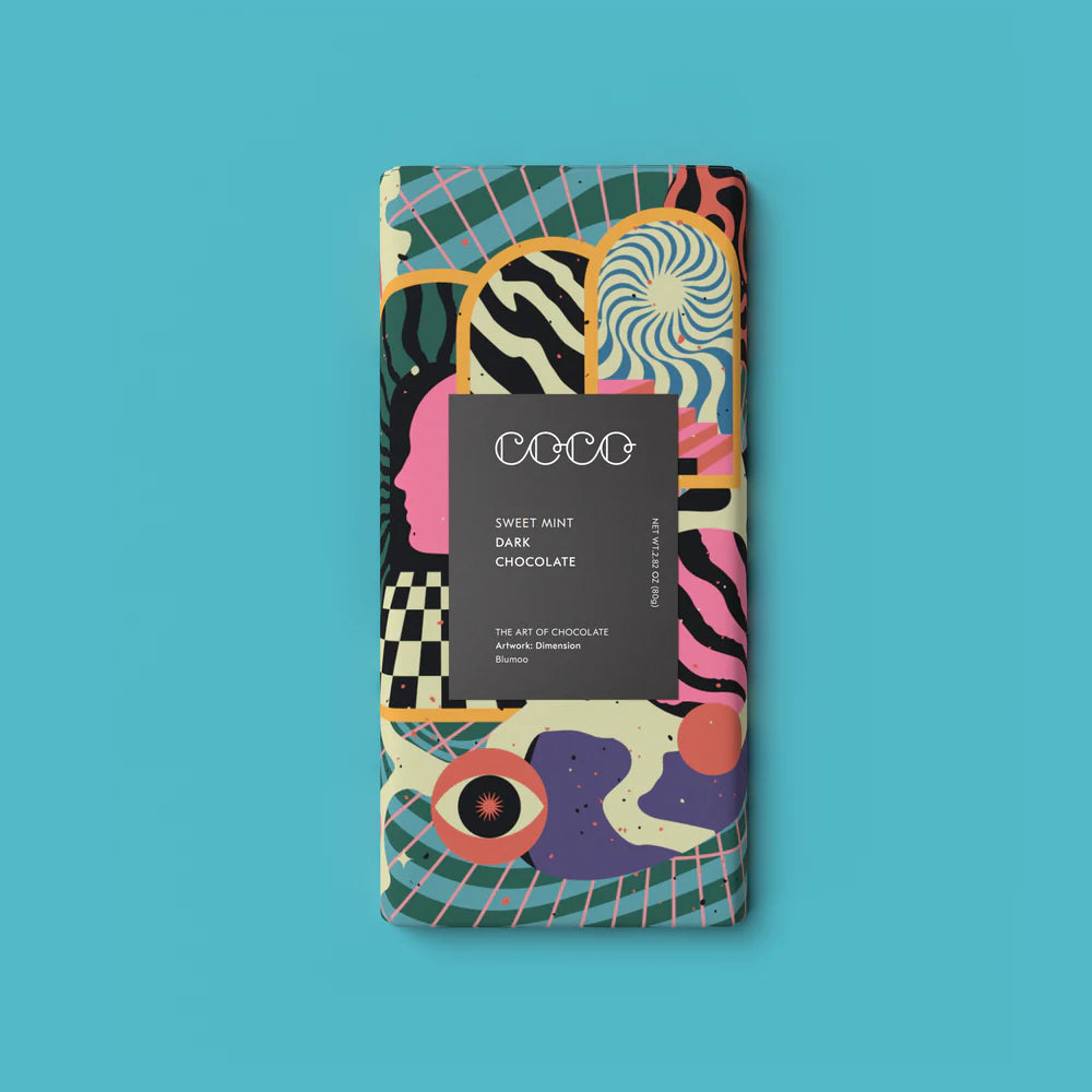 Sweet mint dark chocolate bar with colorful abstract artwork on the packaging.