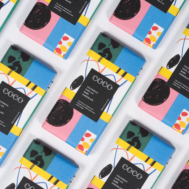 Colombian Dark 61% chocolate bar in colorful abstract packaging.