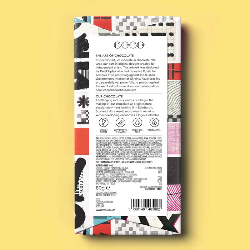 80g chocolate bar with colorful, artistic wrapper.  Ingredients and nutritional information listed on back.