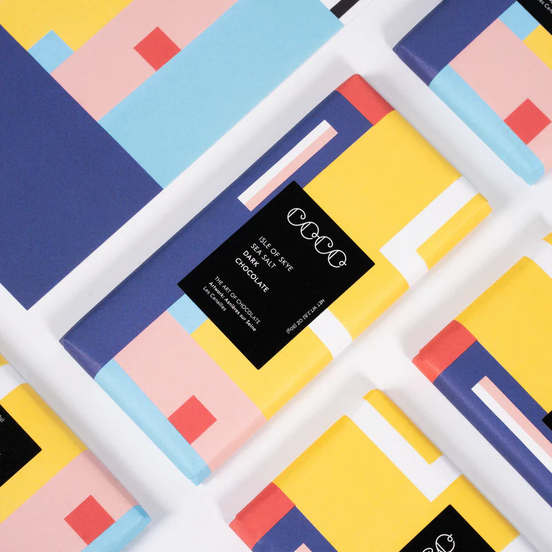 Isle of Skye Sea Salt Dark Chocolate bar with colorful geometric packaging.