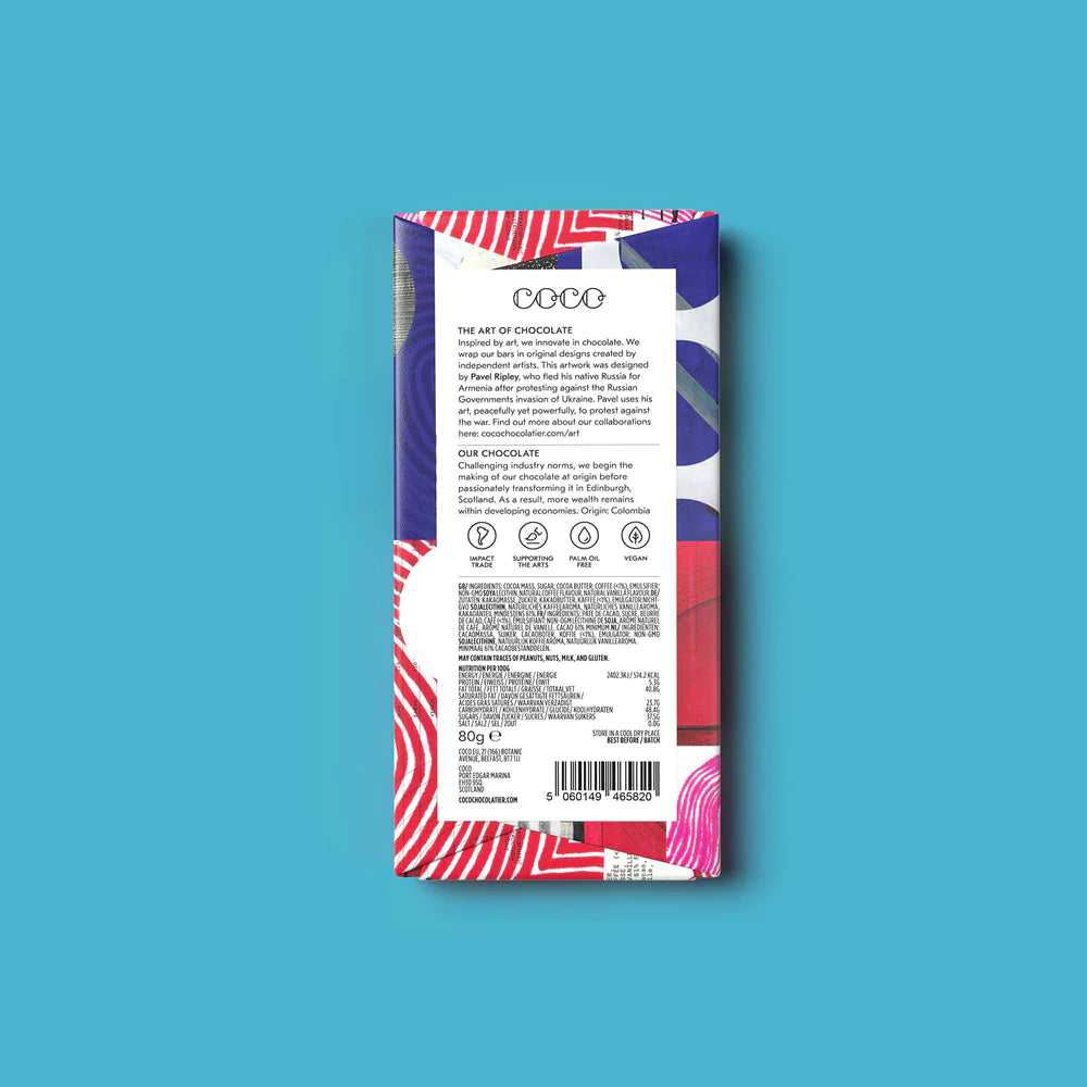 ingredients label of a bar of Cold Brew Coffee Dark Chocolate by CoCo Chocolatier, Scotland.