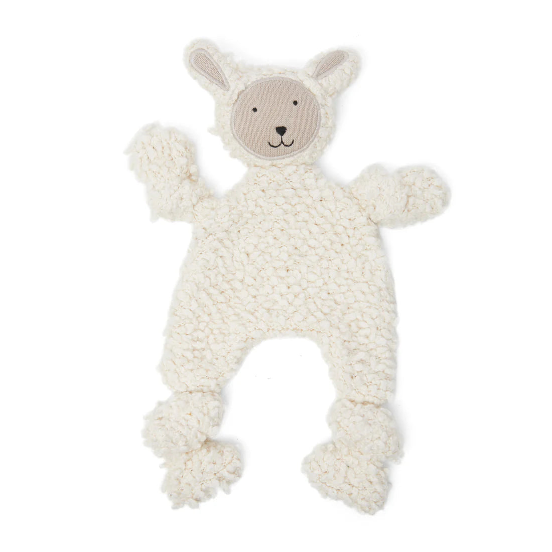 White knitted baby comfort blanket with a bear design on a white background