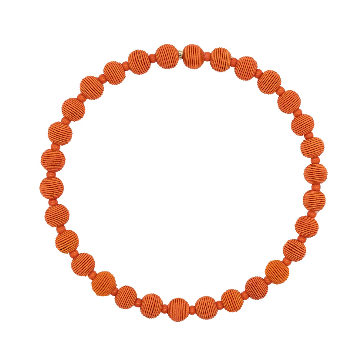 Orange beaded necklace forming a circle, each bead textured with horizontal lines.