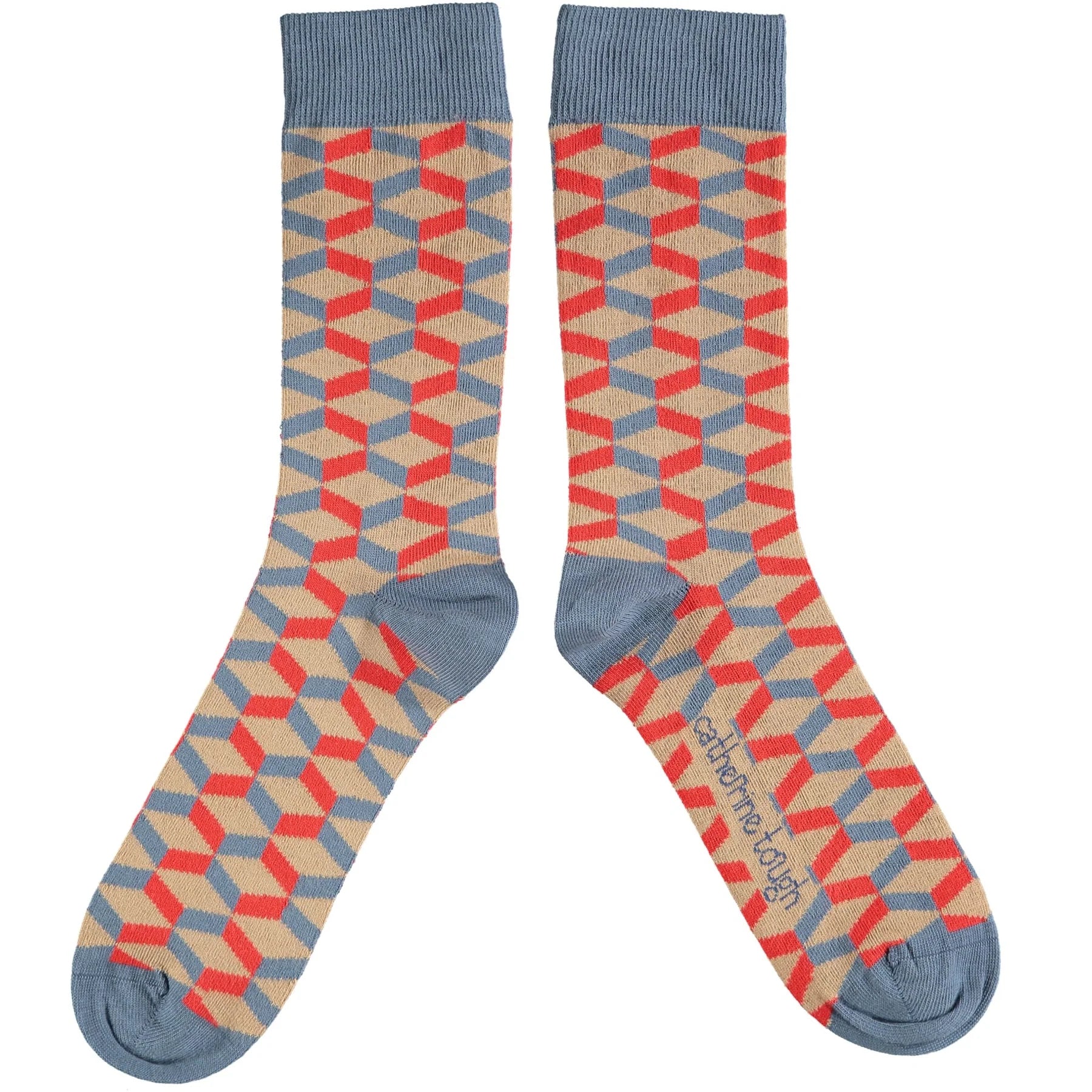 Pair of crew socks with a geometric pattern in coral, beige, and blue.