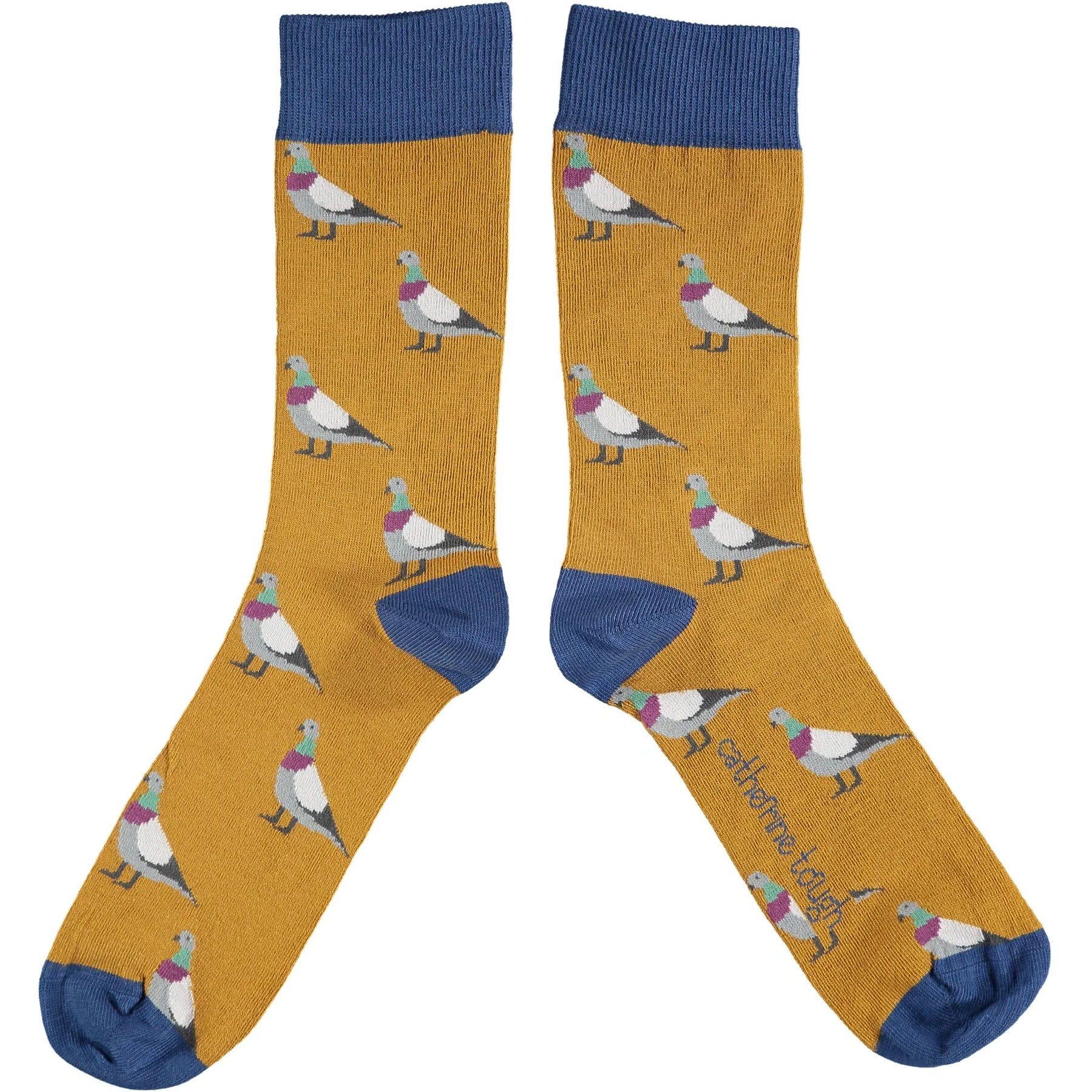 Mustard yellow socks with a repeating pattern of grey pigeons.  The socks have a dark blue cuff.