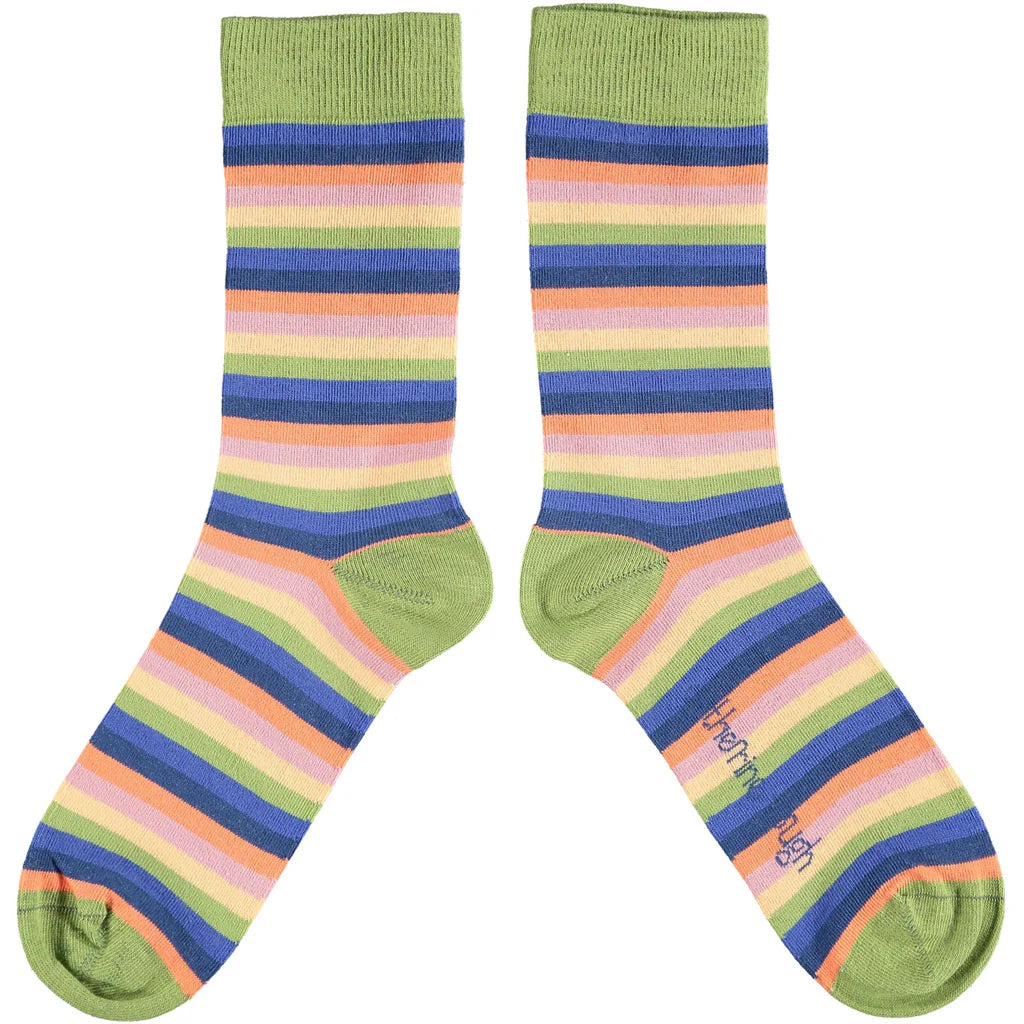 Pair of colorful striped socks with green cuffs.  The stripes are pink, orange, blue, and green.