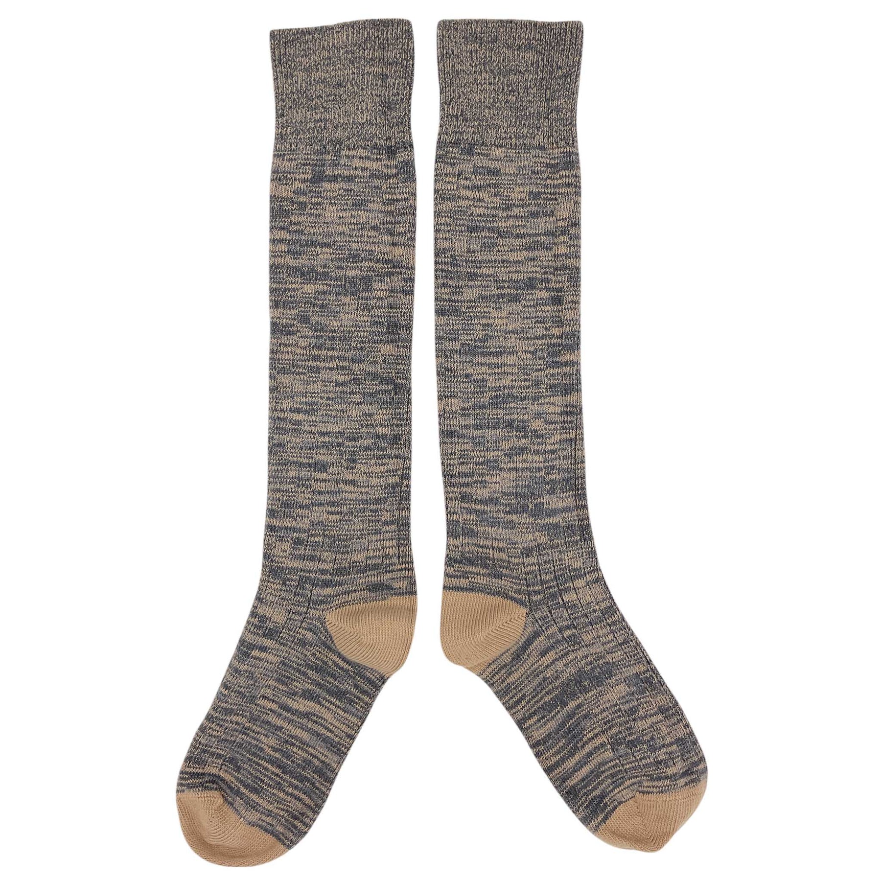 Pair of knee-high socks with a marbled pattern and tan accents on a white background