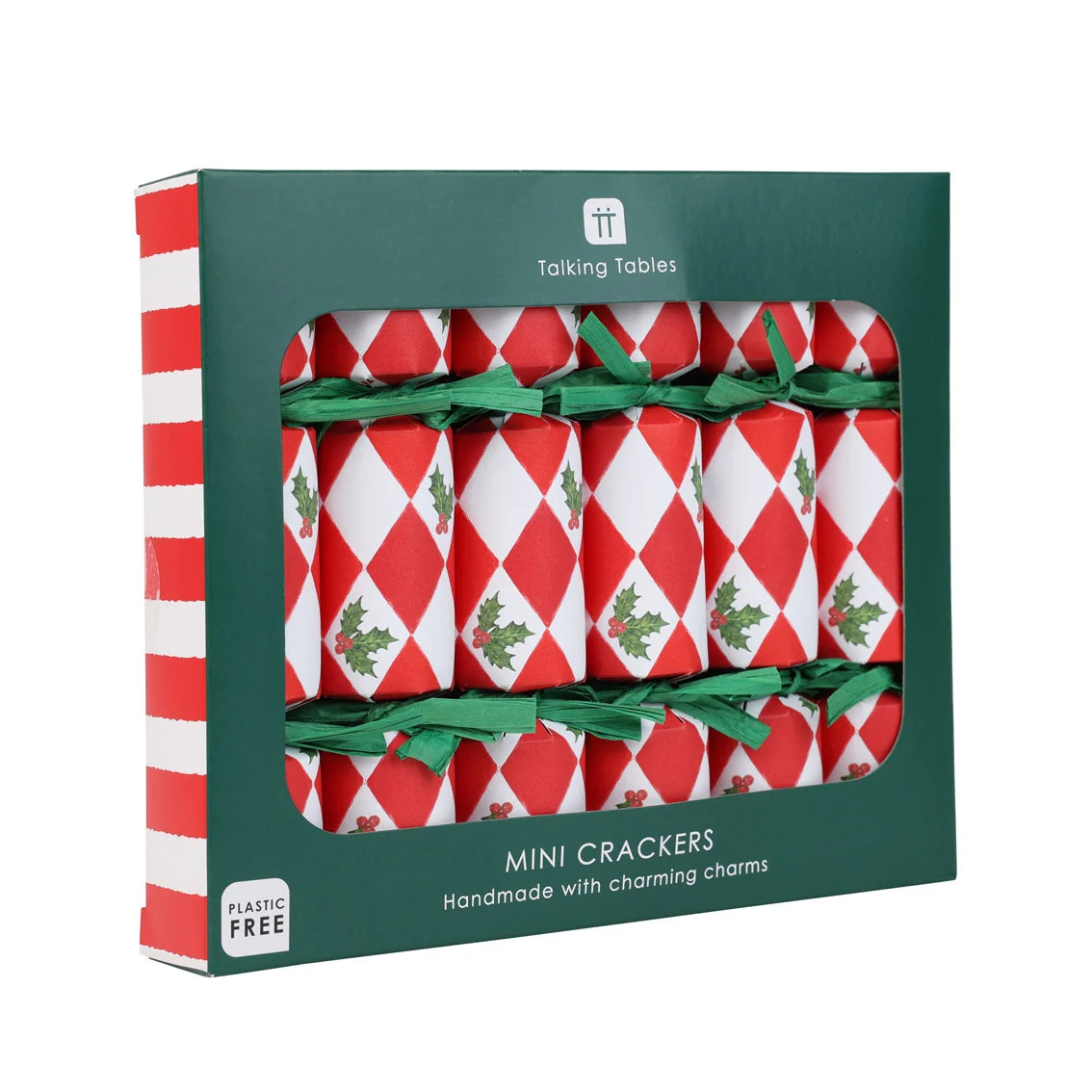 Packaging of mini crackers with red and white pattern and green ribbons, branded 'Talking Tables'.