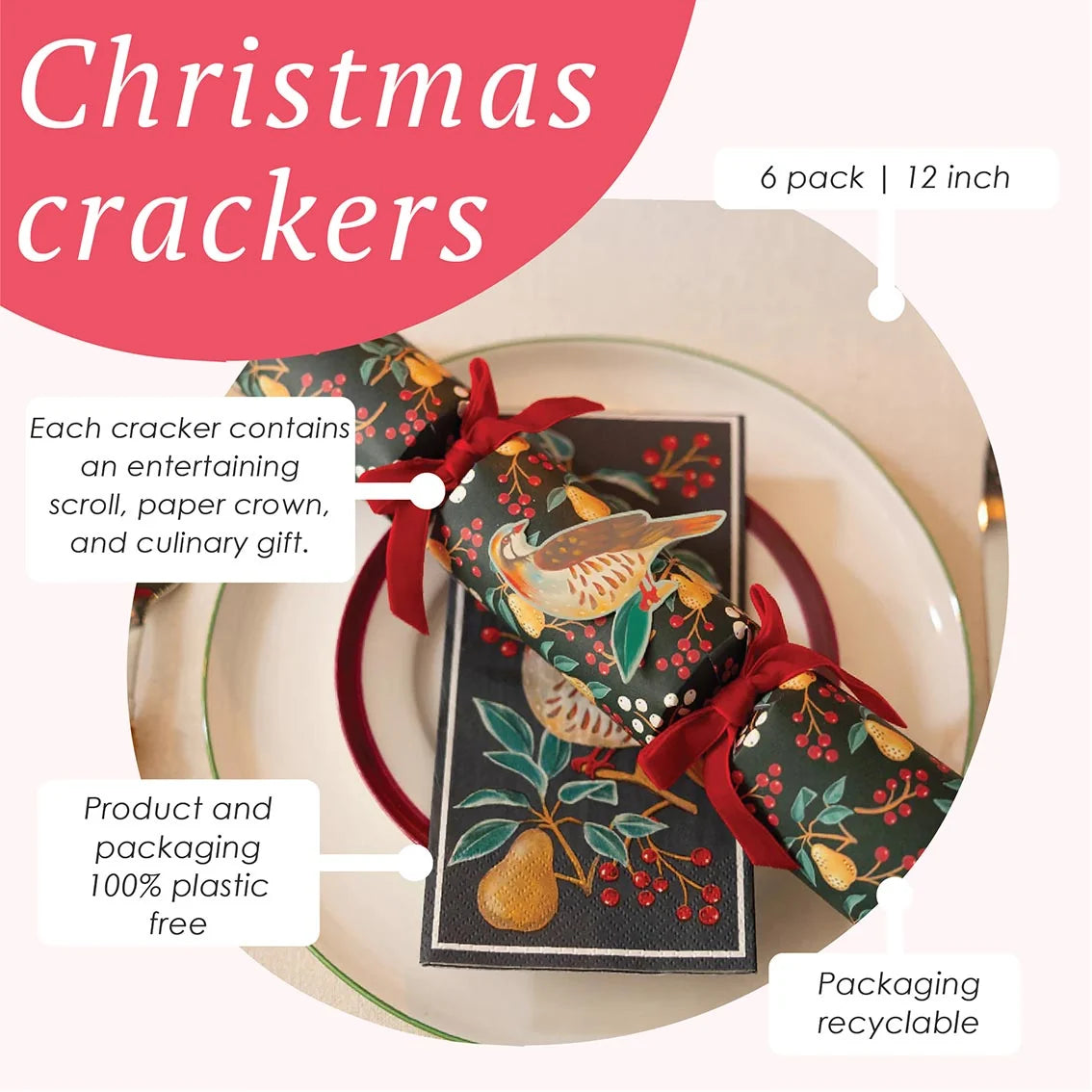 Christmas crackers with decorative packaging on a white plate, featuring text about product and packaging details.