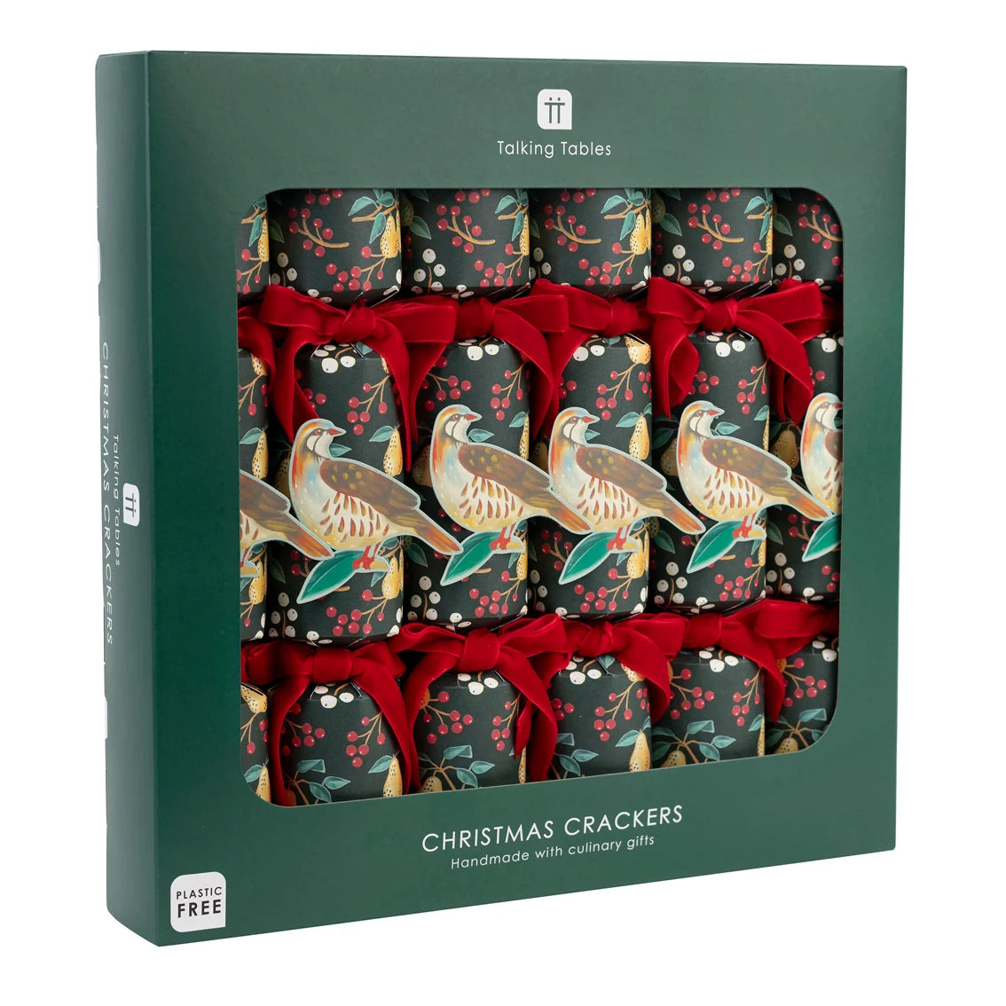 Box of Christmas crackers with bird and berry design, featuring red ribbons.