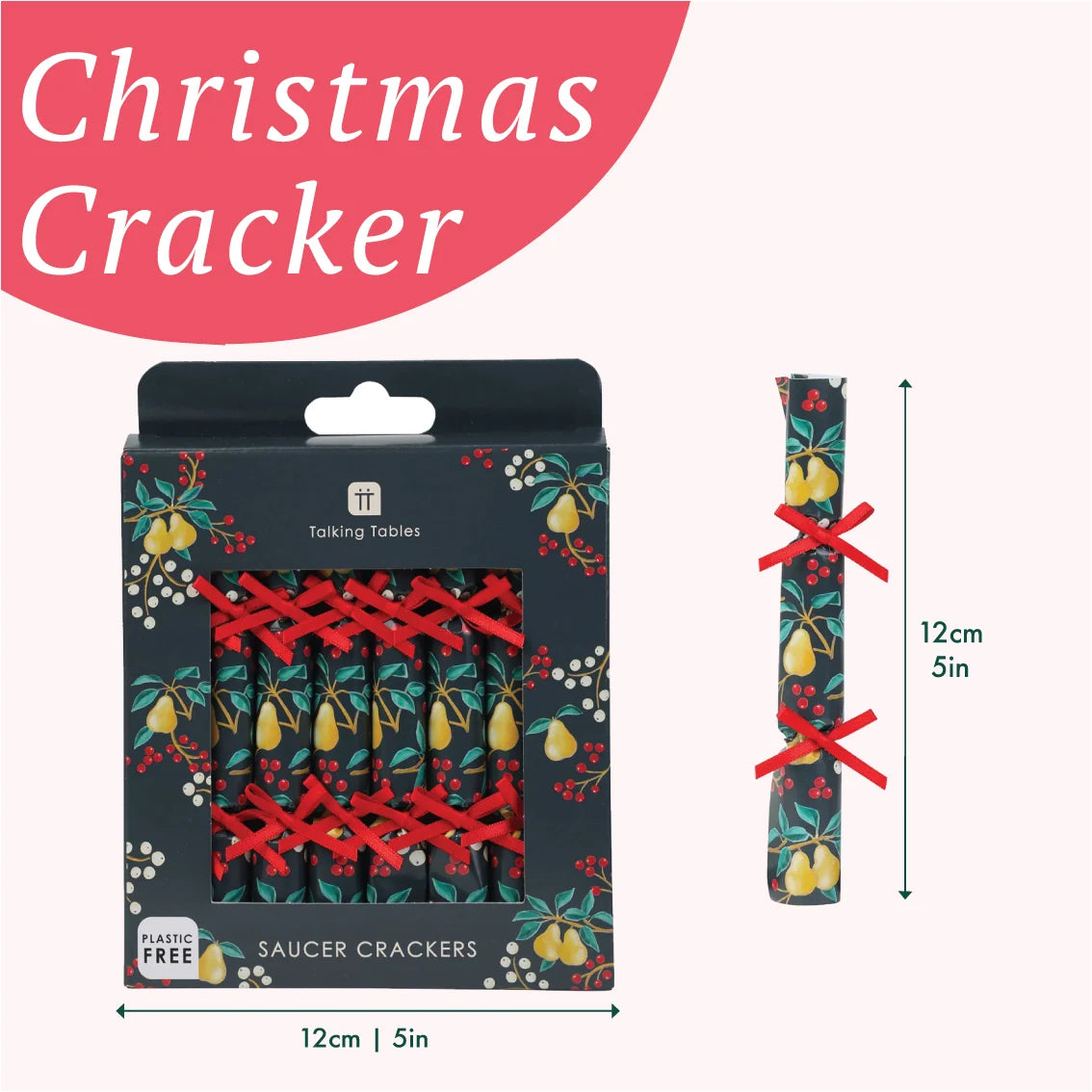 Christmas saucer crackers in a dark patterned box with a red banner reading 'Christmas Cracker.' The package shows red crossed crackers inside, and a separate vertical cracker is shown beside it with dimensions marked 12 cm / 5 in.