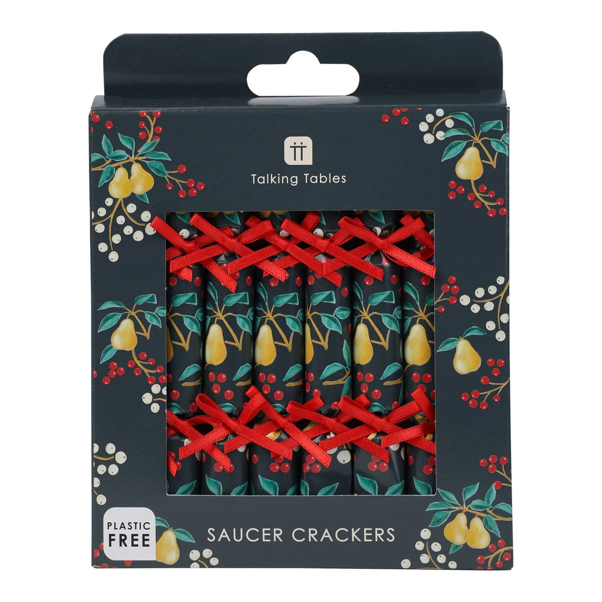 Packaging of saucer crackers with decorative design and 'Talking Tables' branding.