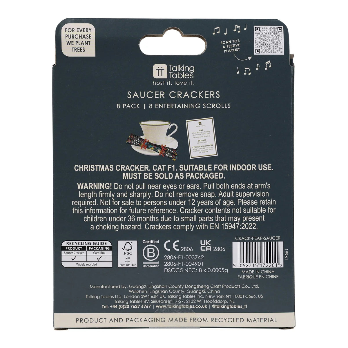 Back of a product packaging for saucer crackers by Talking Tables with text and graphics.