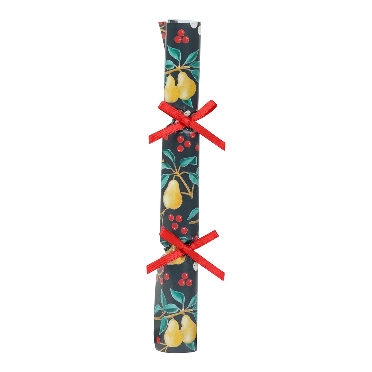 Roll of decorative paper with fruit design and red ribbon on a white background