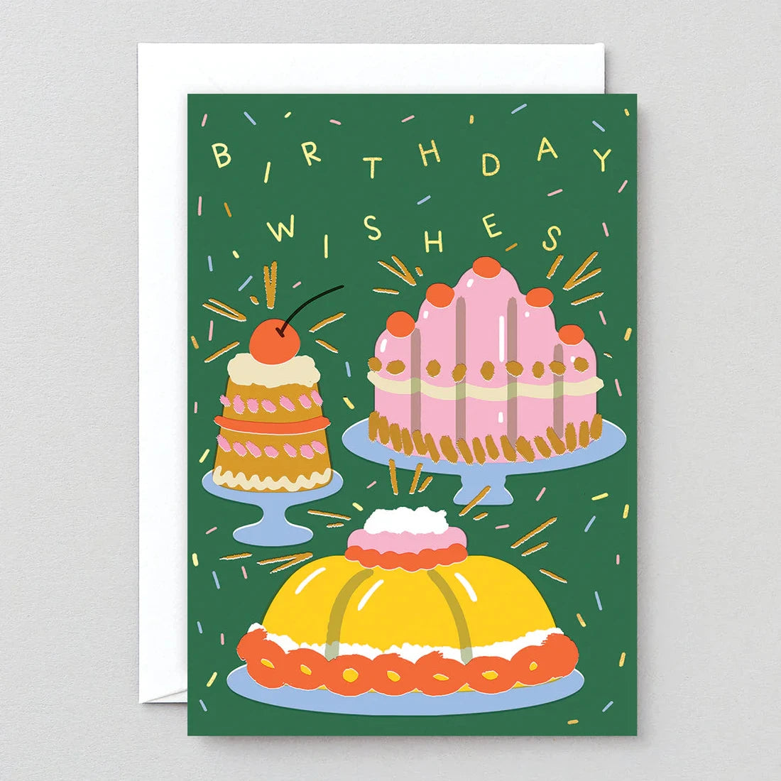 Birthday card featuring three illustrated celebratory cakes on a green background;  "Birthday Wishes" text is included.
