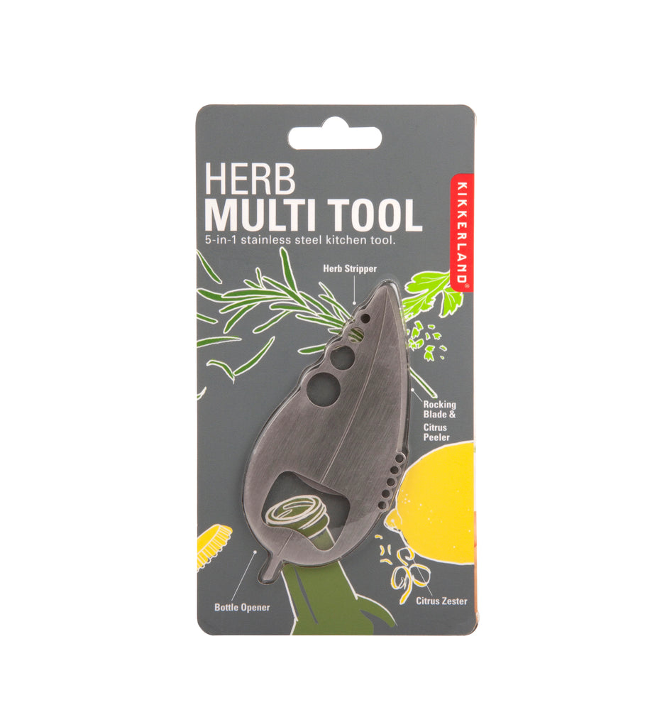 5-in-1 stainless steel herb multi-tool on gray packaging.
