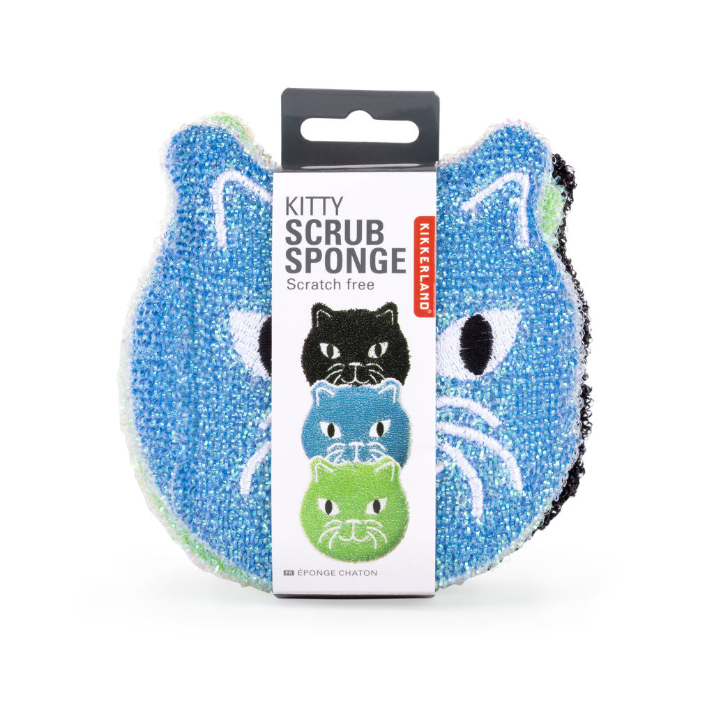 Three scratch-free Kitty Scrub Sponges in blue, teal, and green; each shaped like a cat's face.