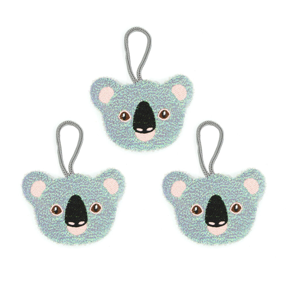 Three light-blue koala-shaped bath sponges with embroidered faces and gray hanging loops.