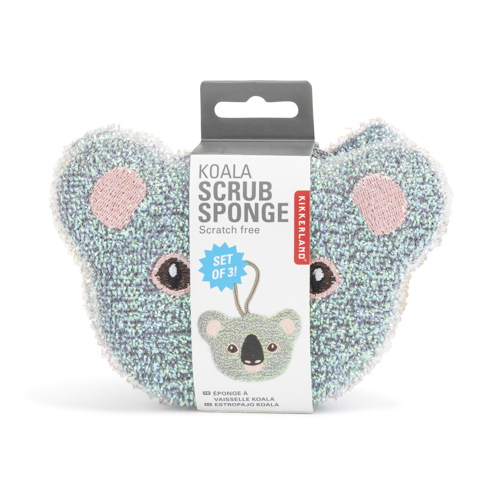 Set of three teal koala-shaped scrub sponges; scratch-free.
