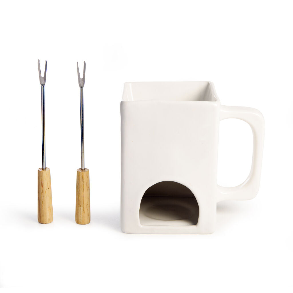 White ceramic fondue pot with two wooden-handled metal dipping forks.